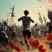 person running in a battlefield